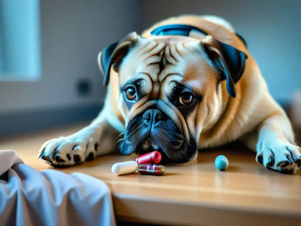 Veterinario entregando suplemento con compasión a mascota enferma Veterinario cuidadoso administra suplementos a mascota enferma en clínica esteril