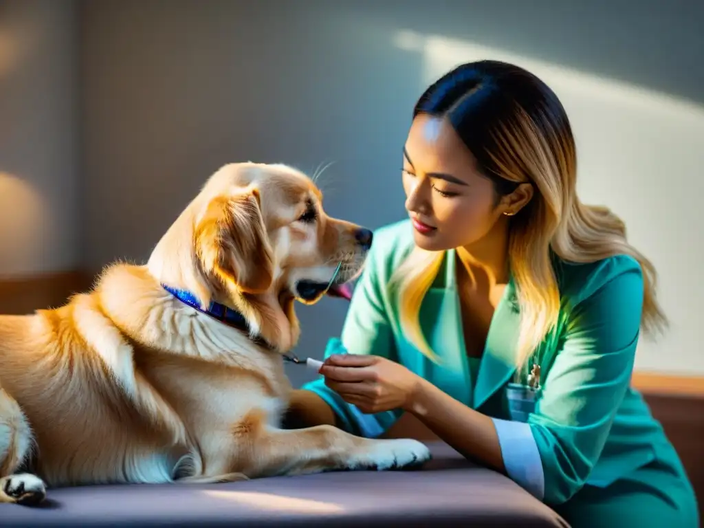Un veterinario administra con delicadeza una solución homeopática a un golden retriever confiado en una clínica cálida y soleada