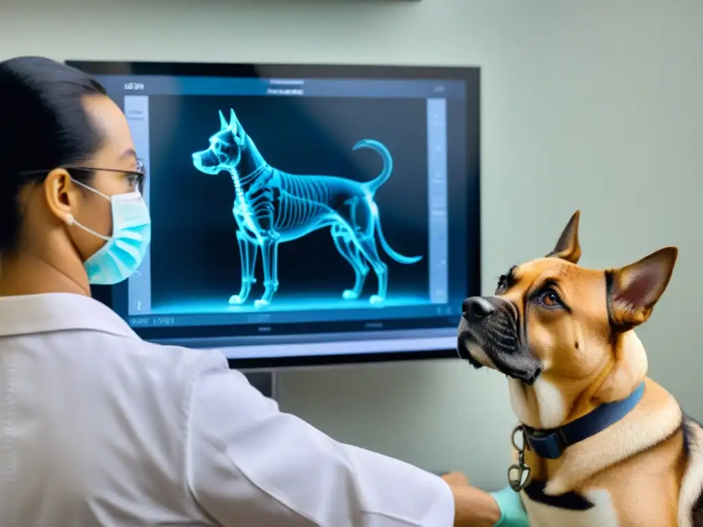 Veterinario analizando radiografía detallada de perro, destacando dedicación y expertise en resultados chequeos mascota guía
