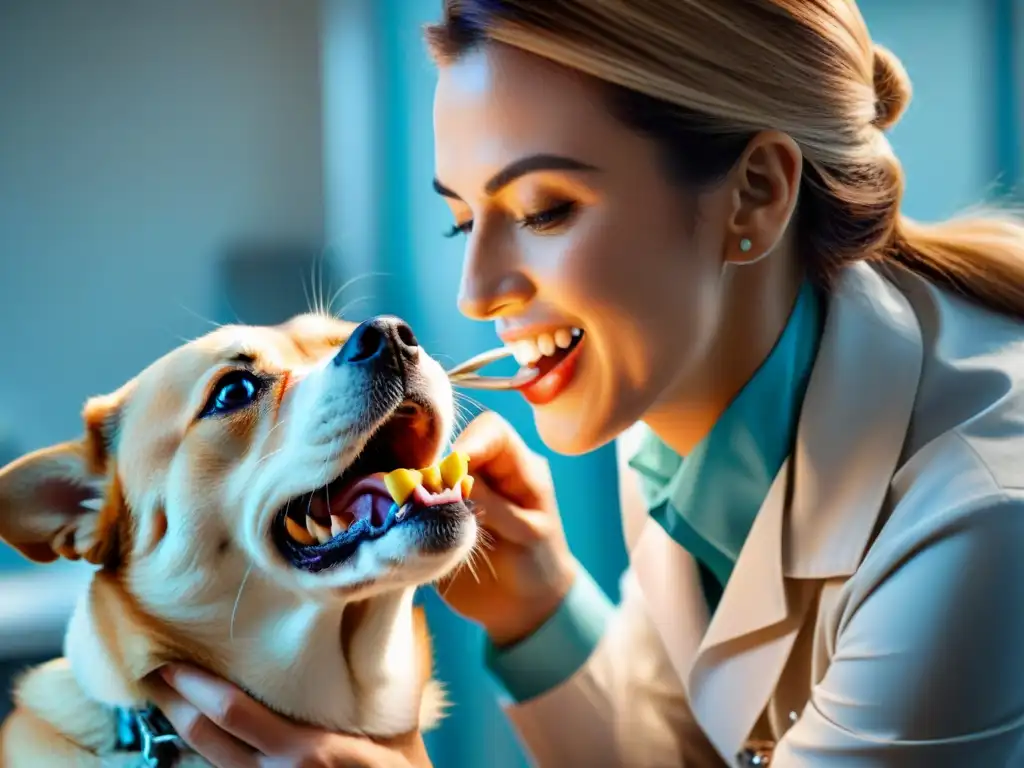Veterinario cuidadoso examina dientes de perro feliz, destacando nutrición equilibrada en clínica veterinaria Veterinario examina dientes de perro feliz en clínica moderna