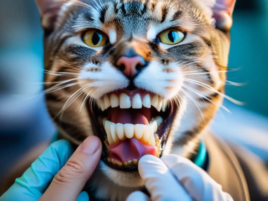 Examen dental de gato: cuidado veterinario y seguros de mascotas Un veterinario examina detenidamente los dientes de un gato, destacando la importancia de un seguro mascotas plan anual vs por vida