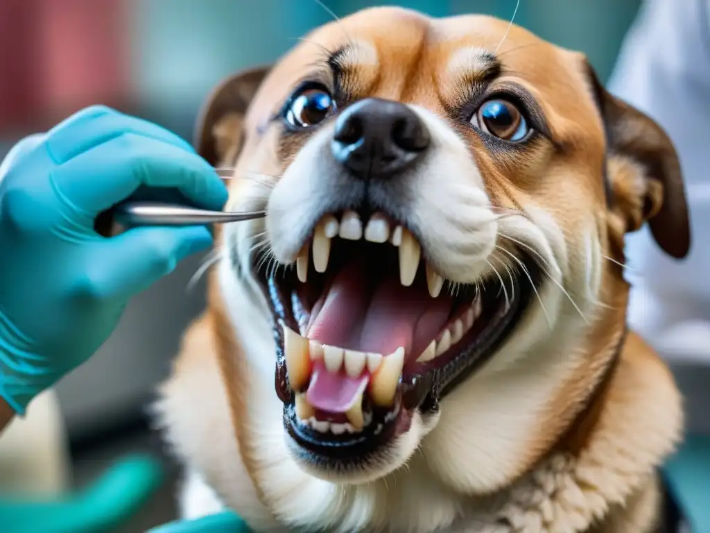 Veterinario examinando dientes de perro con espejo dental, cuidados y atención en salud dental mascotas chequeos cuidados