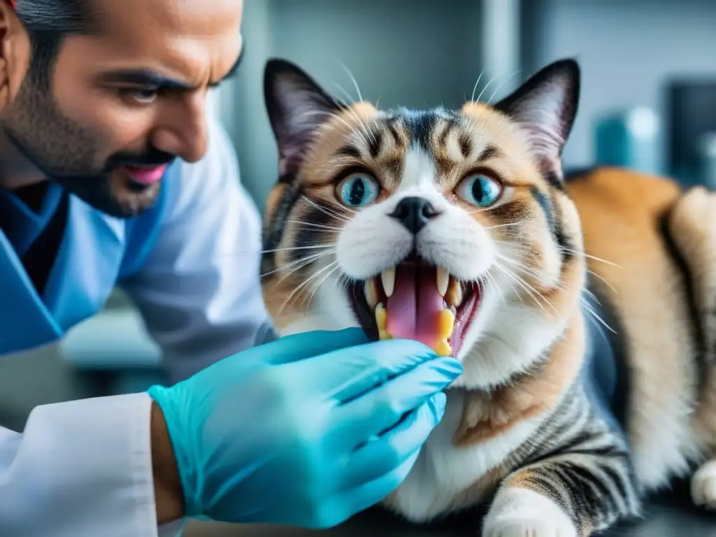Examen dental canino: detalle profesional y cautivador Un veterinario examina minuciosamente los dientes de un perro, mostrando la importancia de la genética en la salud dental de perros y gatos