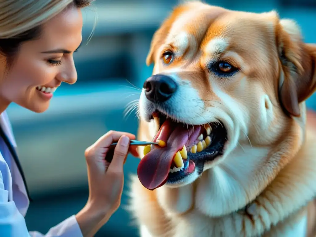 Examen dental detallado en perro: cuidado profesional veterinario Un veterinario examina detalladamente los dientes de un perro, destacando la importancia de los suplementos para prevenir enfermedades en mascotas