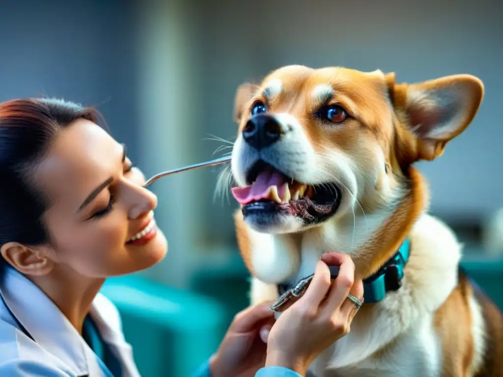 Examen dental detallado por veterinario: cuidado dental para mascotas Veterinario examinando cuidadosamente los dientes de un perro bajo una luz brillante, destacando la importancia del Seguro dental para mascotas