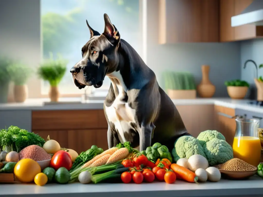 Preparación experta de comida balanceada para Gran Danés Veterinario preparando dieta equilibrada para Gran Danés, rodeado de ingredientes frescos