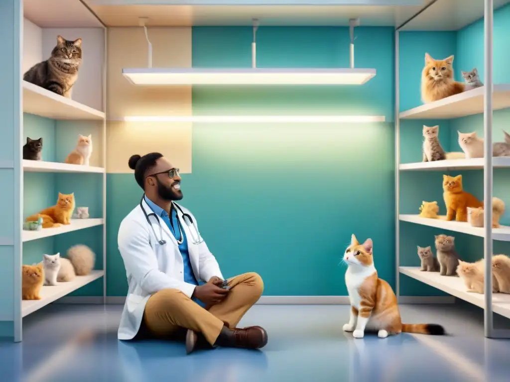 Atmósfera cálida en clínica veterinaria: vínculos genuinos Un veterinario conversa con dueño de perro mientras un gato juega
