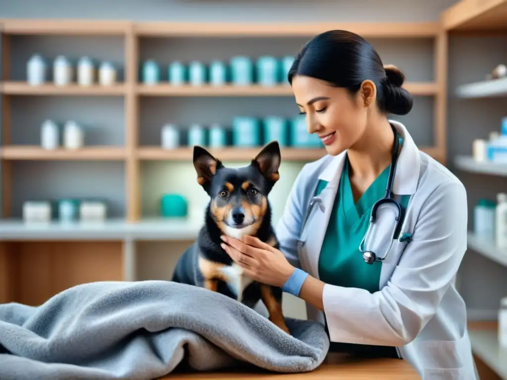 Veterinario reconforta a perro anciano en clínica cálida Un veterinario reconforta con empatía a un perrito mayor en clínica veterinaria