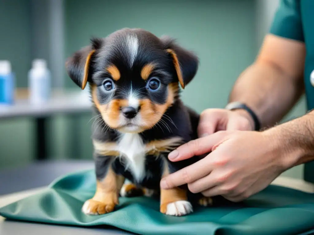 Veterinario cuidadoso: primeros auxilios a cachorro herido Un veterinario enfocado administra primeros auxilios a un cachorro herido, mostrando preparación mental y compasión en la clínica