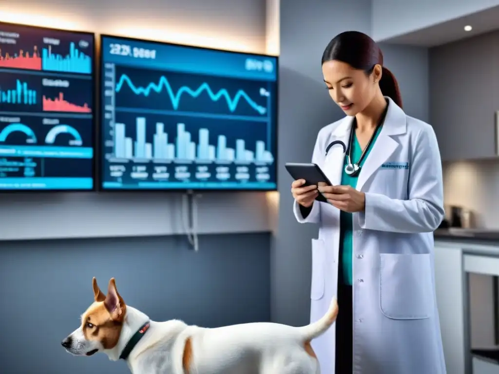 Veterinario examina perro con cáncer en clínica moderna Veterinario examinando perro con esperanza, equipo médico moderno y gráfico de cáncer