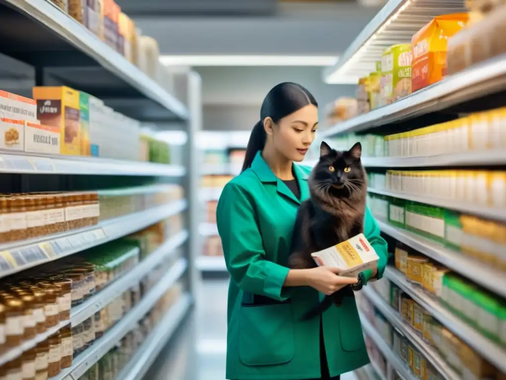 Veterinario analizando etiqueta de comida para mascotas, resaltando conservantes