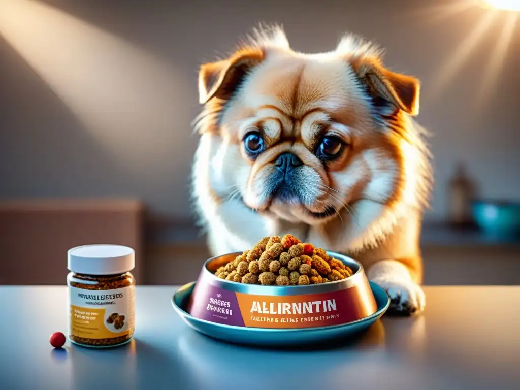 Veterinario examina con precisión etiqueta de alimentos para perros Veterinario examinando minuciosamente etiqueta de comida para perros en busca de alérgenos