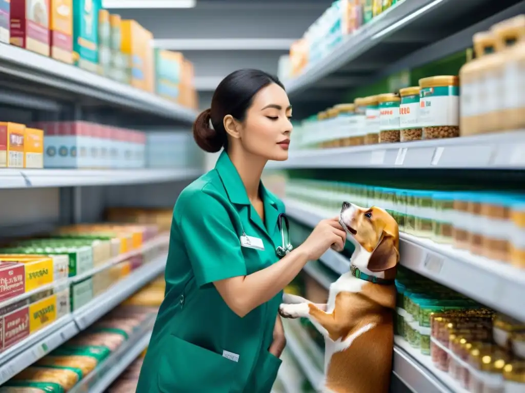 Veterinario experto analizando etiquetas de alimentos para mascotas Un veterinario examina detenidamente etiquetas de alimentos para mascotas, destacando la importancia de la dieta personalizada para mascotas