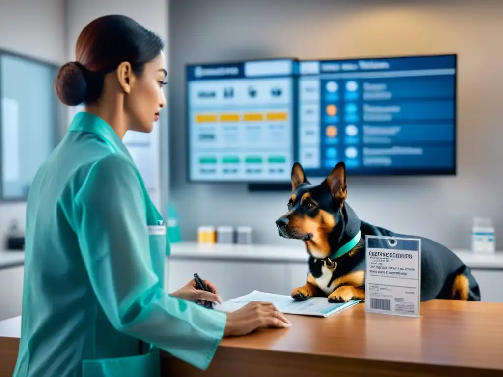 Veterinario atento con perro diabético: precisión en medicación Veterinario revisando etiquetas de medicamentos con perro diabético en la mesa