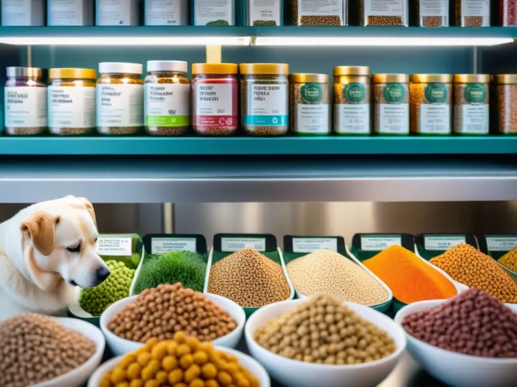 Examen detallado de ingredientes para alergias en perros Un veterinario examina detenidamente ingredientes de comida para perros, destacando granos, carnes y verduras
