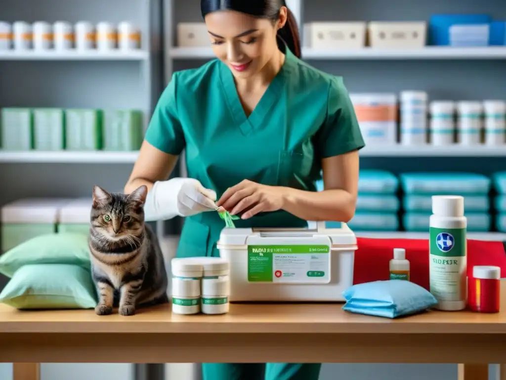 Veterinario armando kit de primeros auxilios para mascotas El veterinario prepara detalladamente un kit de primeros auxilios para mascotas viaje, mostrando profesionalismo y atención