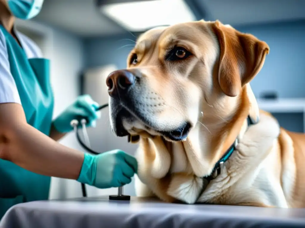 Examen veterinario detallado a un Labrador en clínica equipada Un veterinario examina a un Labrador en una clínica, reflejando el cuidado de la salud de las mascotas con 'Seguro mascotas plan anual vs por vida'