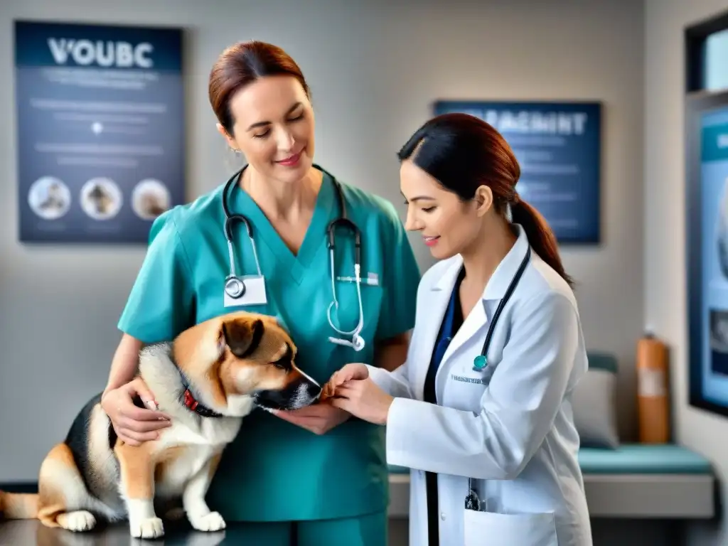 Conmovedora consulta veterinaria: alivio del dolor con empatía Un veterinario reconfortando a una mascota durante una consulta de manejo del dolor, reflejando empatía y profesionalismo