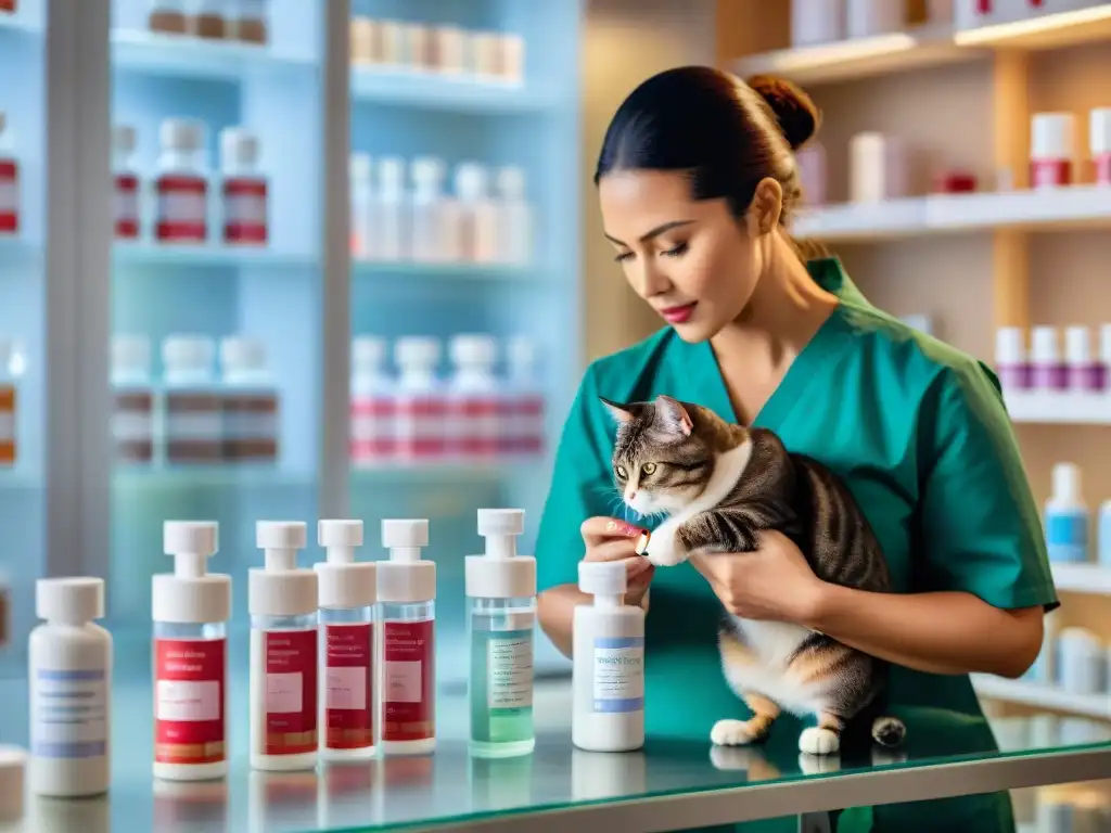 Veterinario dosificando medicación cardíaca con precisión en clínica Veterinario midiendo medicamento para prevenir enfermedades cardíacas en mascotas