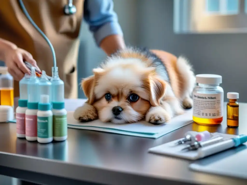 Preparación experta de medicamentos para perro: precisión y cuidado Veterinario preparando medicamentos para prevención enfermedades cardíacas en perrito peludo