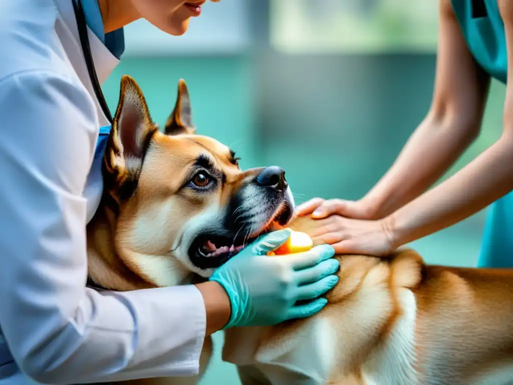 Compasión veterinaria: alivio del dolor para perro confiado Un veterinario administra medicamentos seguros para el dolor a un perro, transmitiendo calma y cuidado