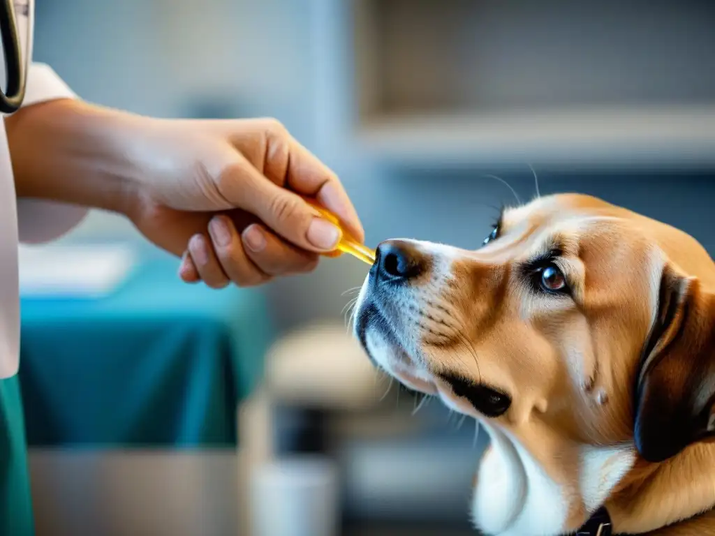 Veterinario administrando medicamento con precisión a perro confiado Veterinario administrando medicamentos seguros para el dolor en un perro confiado