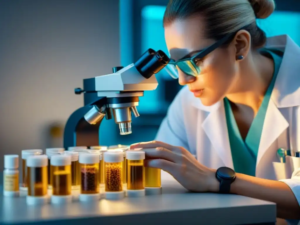 Un veterinario examina detenidamente una muestra de heces bajo un microscopio, destacando la importancia de la prevención parásitos mascotas chequeos regulares