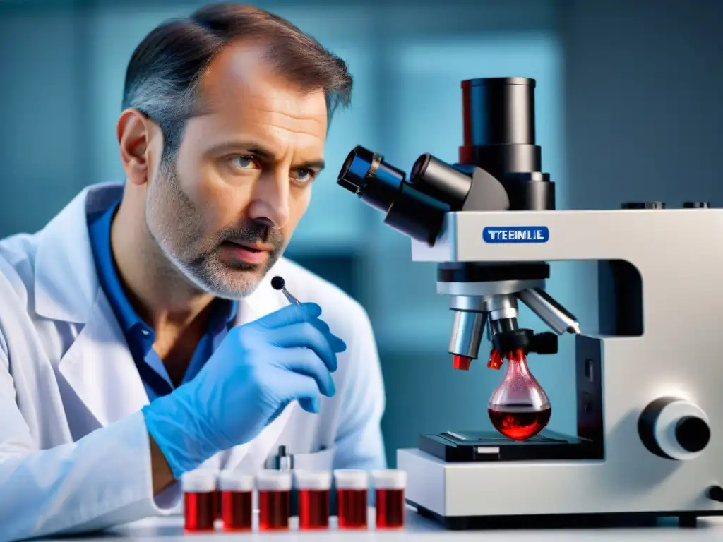 Examen detallado de sangre: diagnóstico de leucemia felina Un veterinario examina detalladamente una muestra de sangre bajo el microscopio, en diagnóstico de leucemia felina