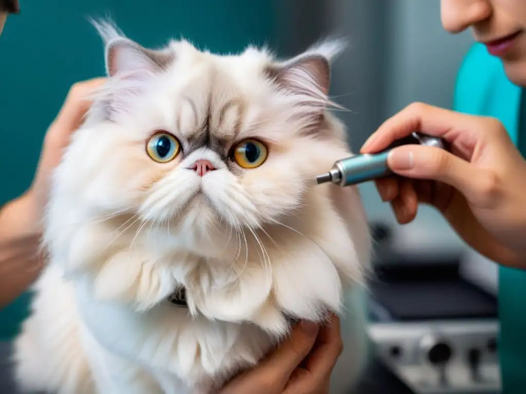 Un veterinario examina detenidamente el oído de un gato persa blanco, resaltando la importancia de los chequeos de audición en mascotas