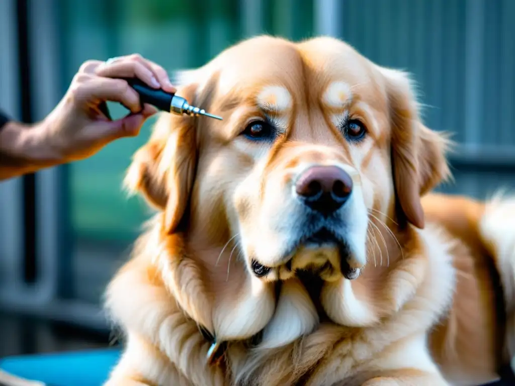 Exploración detallada del veterinario en orejas de golden retriever Veterinario examinando detenidamente las orejas de un Golden Retriever, destacando el cuidado en el chequeo de salud mascota vida