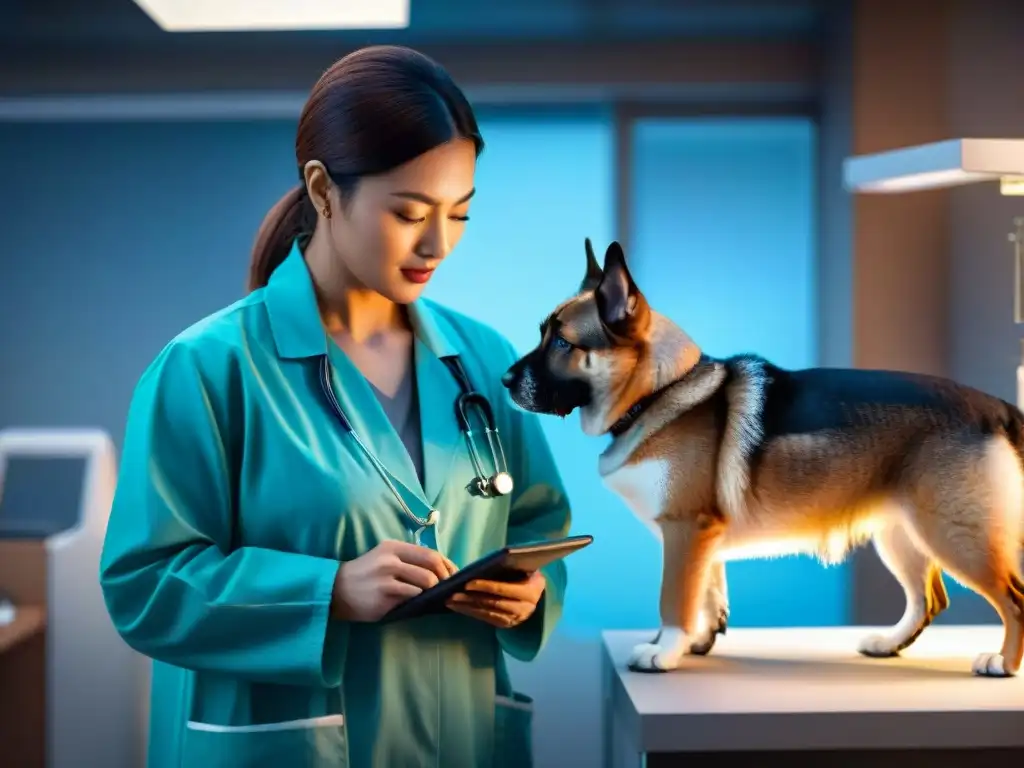 Veterinario dedicado examina paciente peludo con profesionalismo Veterinario examinando paciente peludo sin usar antibióticos: cuidado responsable mascotas
