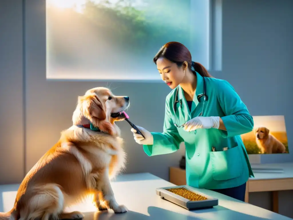 Un veterinario examina a un golden retriever para prevenir parásitos, destacando la importancia de los chequeos regulares