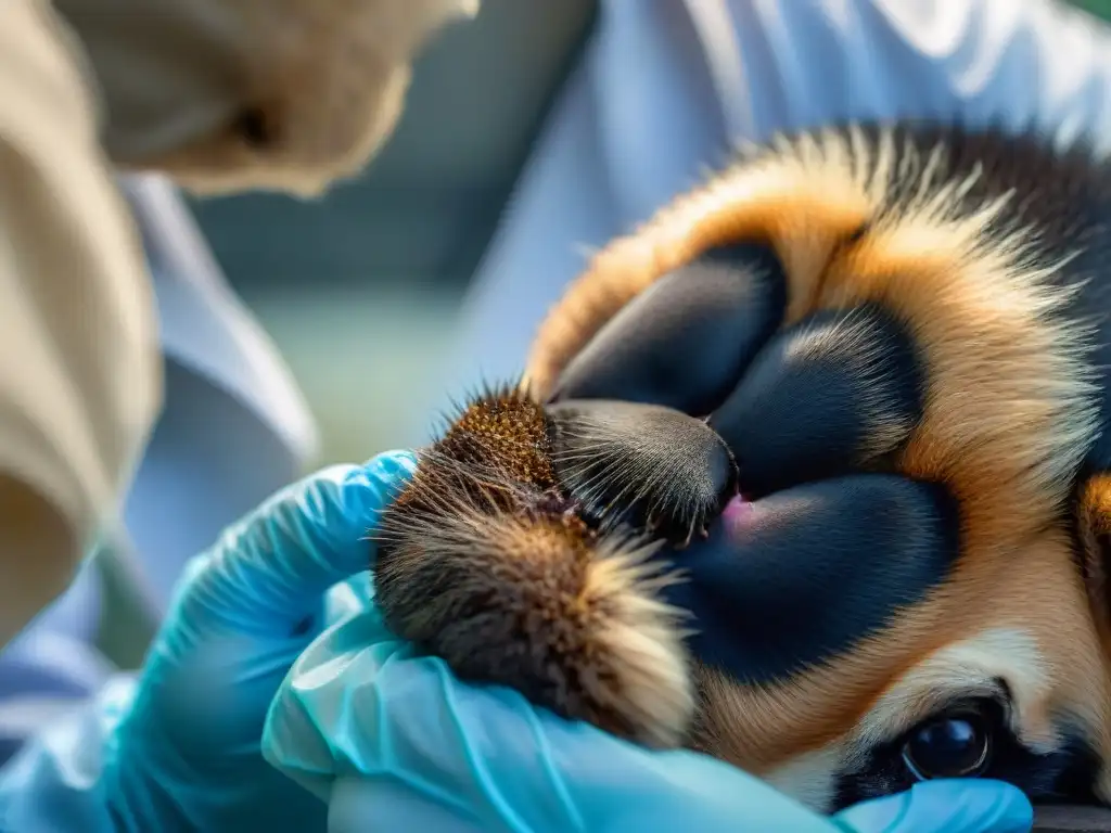 Examen minucioso de pata de perro por garrapatas: cuidado profesional y prevención Veterinario examinando pata de perro en busca de garrapatas, prevención enfermedades transmisibles mascotas humanos