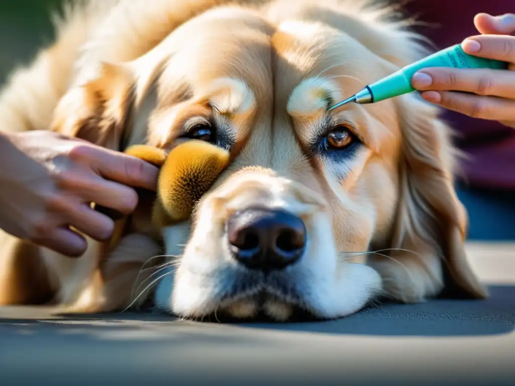 Veterinario cuidadoso aplica ungüento a patita de golden retriever Veterinario aplicando ointment a pata de golden retriever, detalle del pelaje y cuidado en clínica