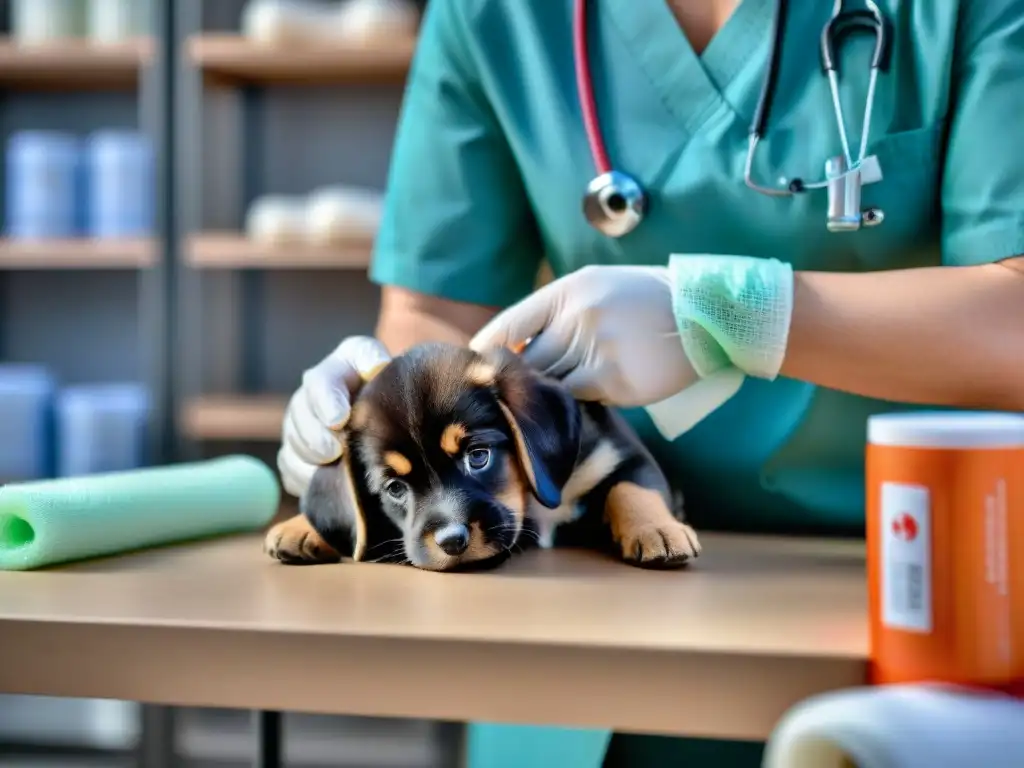 Veterinario cuidadoso vendando la pata de cachorro herido Veterinario cuidando la patita de un cachorro con preocupación y profesionalismo