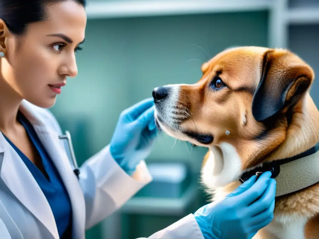 Veterinario examina pelaje de perro con lupa Veterinario inspeccionando pelaje de perro con amor y profesionalismo