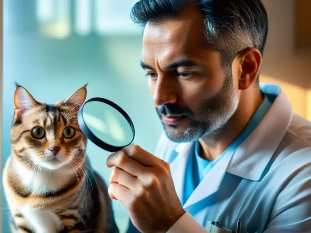 Veterinario examinando detalladamente el pelaje de un gato en busca de signos tempranos de enfermedades comunes, con luz solar iluminando la escena