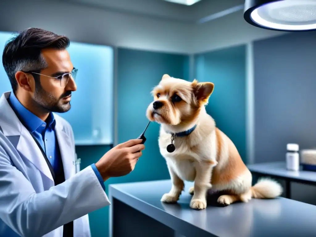 Veterinario examina minuciosamente pelaje de perro en consulta Veterinario examinando minuciosamente el pelaje de una mascota en busca de pulgas y garrapatas, destacando la importancia de la prevención