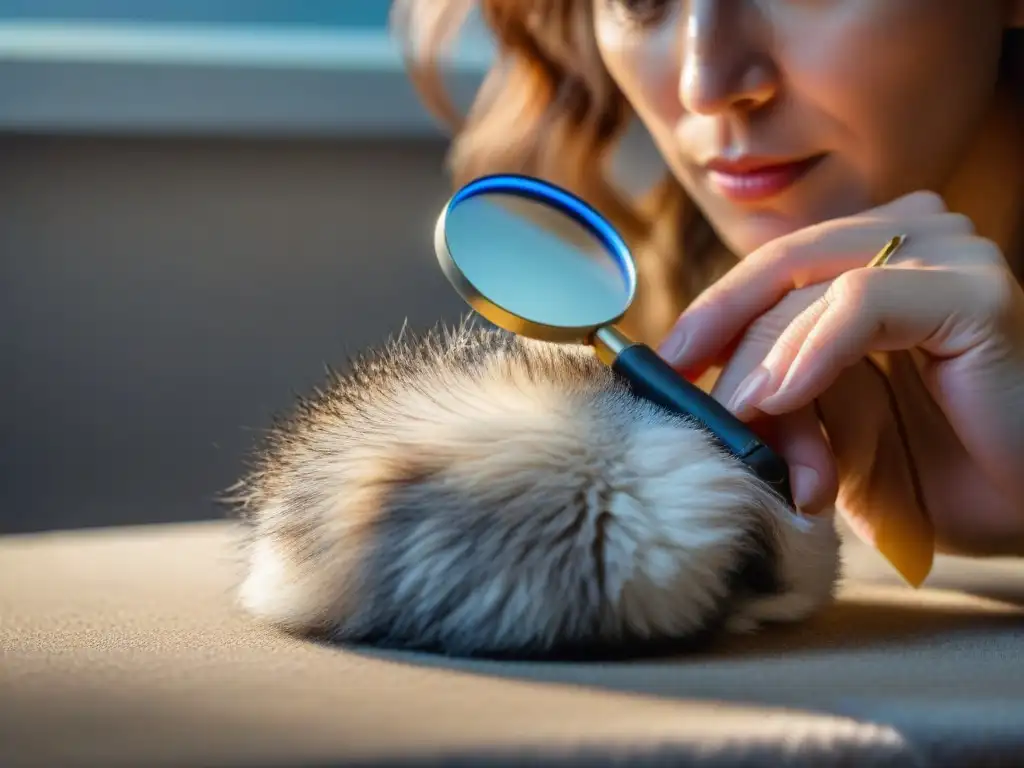 Examen minucioso de pulgas en mascota: detalle y precisión Veterinario examina minuciosamente pelaje de mascota en busca de pulgas con lupa