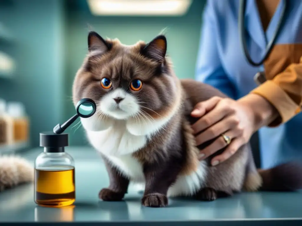 Veterinario examinando minuciosamente el pelaje de una mascota en busca de parásitos en clínica veterinaria