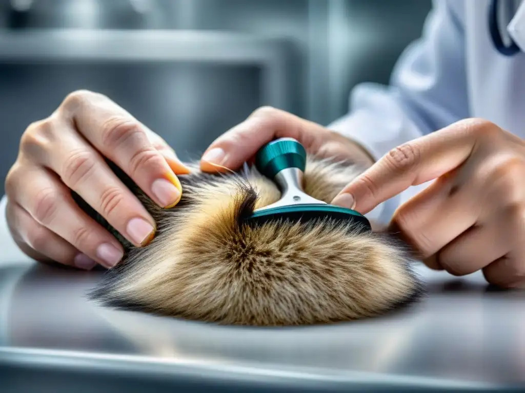 Examen minucioso de pulgas y garrapatas en perro Un veterinario examina minuciosamente el pelaje de un perro en busca de pulgas y garrapatas, destacando la importancia de la prevención en mascotas