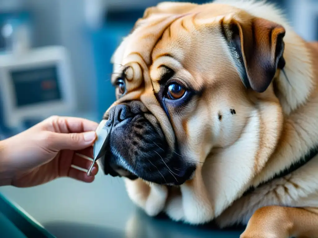 Examen minucioso de pulgas y garrapatas en perro Veterinario examinando minuciosamente el pelaje de un perro en busca de plagas