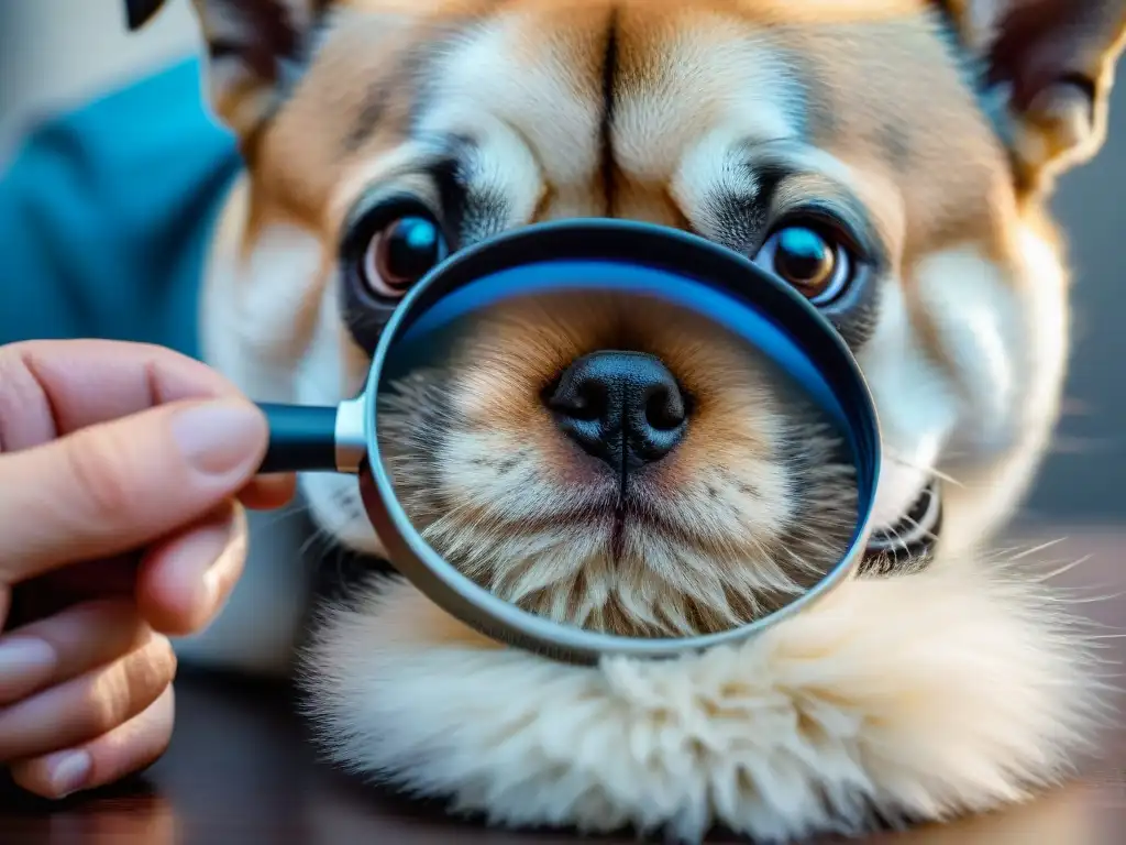 Examen minucioso de parásitos en perro: veterinario en acción Veterinario examina detalladamente el pelaje de un perro en busca de parásitos, mostrando precisión y cuidado