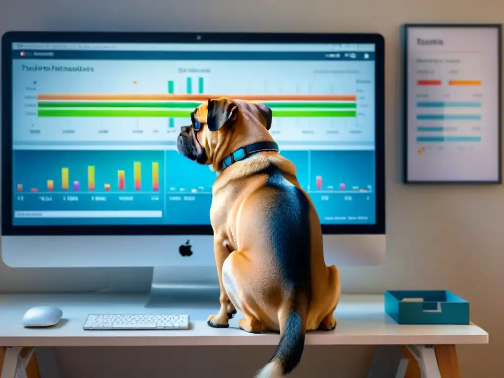 Veterinario analizando perfil genético de perro para dietas personalizadas Un veterinario analiza el perfil genético de un perro en la pantalla, con ADN y gráficos coloridos, simbolizando la dieta personalizada para mascotas
