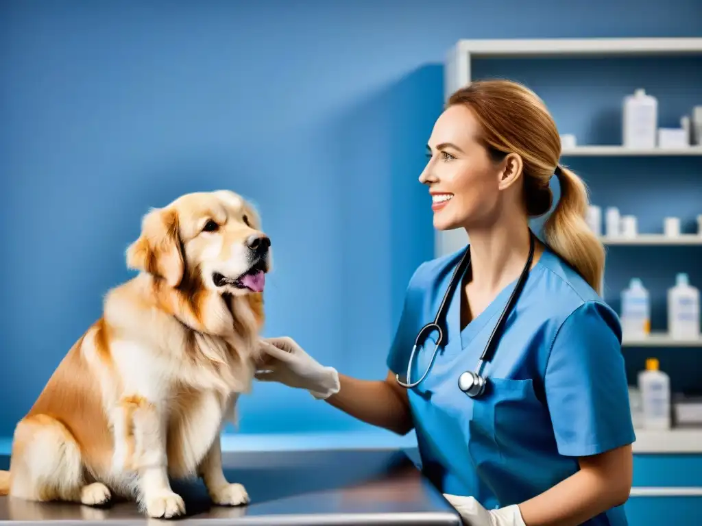 Chequeo veterinario detallado: cuidado integral para mascotas Un veterinario examina detalladamente a un perro en un ambiente tranquilo y profesional