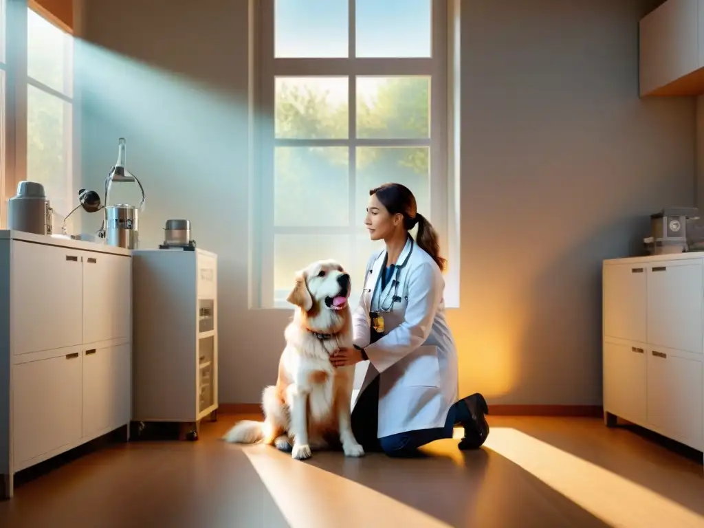 Conmovedora escena: Veterinario reconfortando a un perro ansioso Veterinario reconforta a perro ansioso en clínica, creando ambiente seguro
