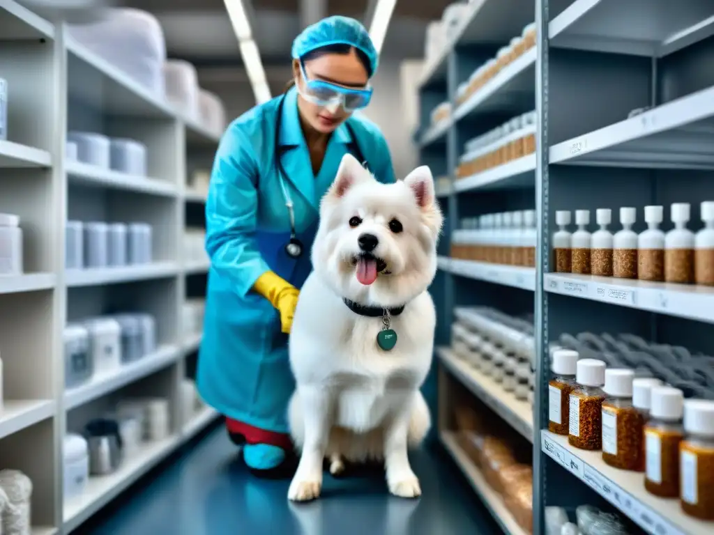 Veterinario examinando minuciosamente a perro blanco en clínica Veterinario examinando minuciosamente a un perro blanco en una clínica, resaltando la importancia de la prevención parásitos mascotas estación