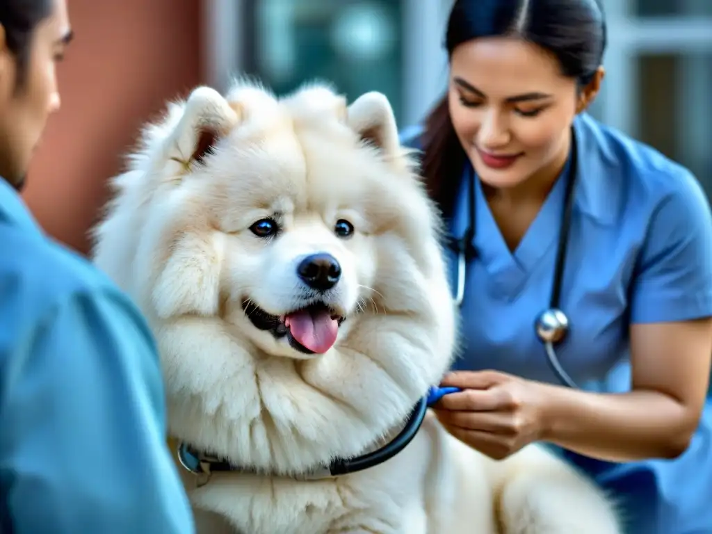 Veterinario cuidadoso examina a Samoyedo blanco en clínica moderna Veterinario examinando amorosamente a un perro Samoyedo blanco con estetoscopio en clínica veterinaria moderna