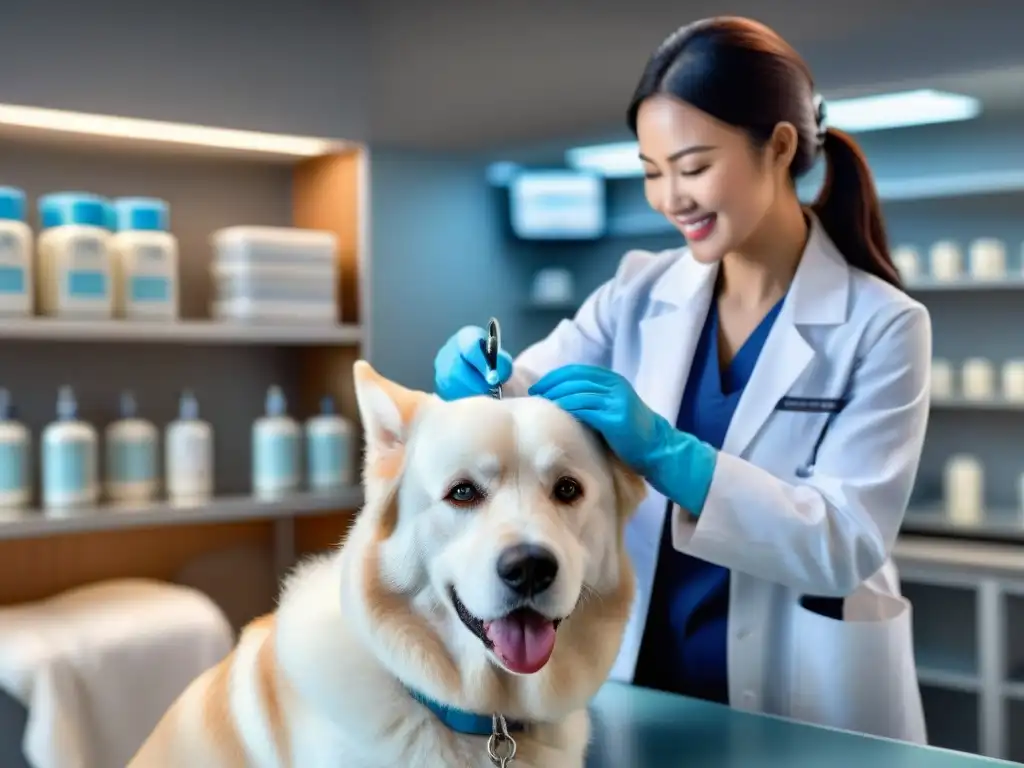 Veterinario examinando cuidadosamente a un perro blanco bajo la luz de examen en una clínica veterinaria moderna y limpia, en una escena detallada