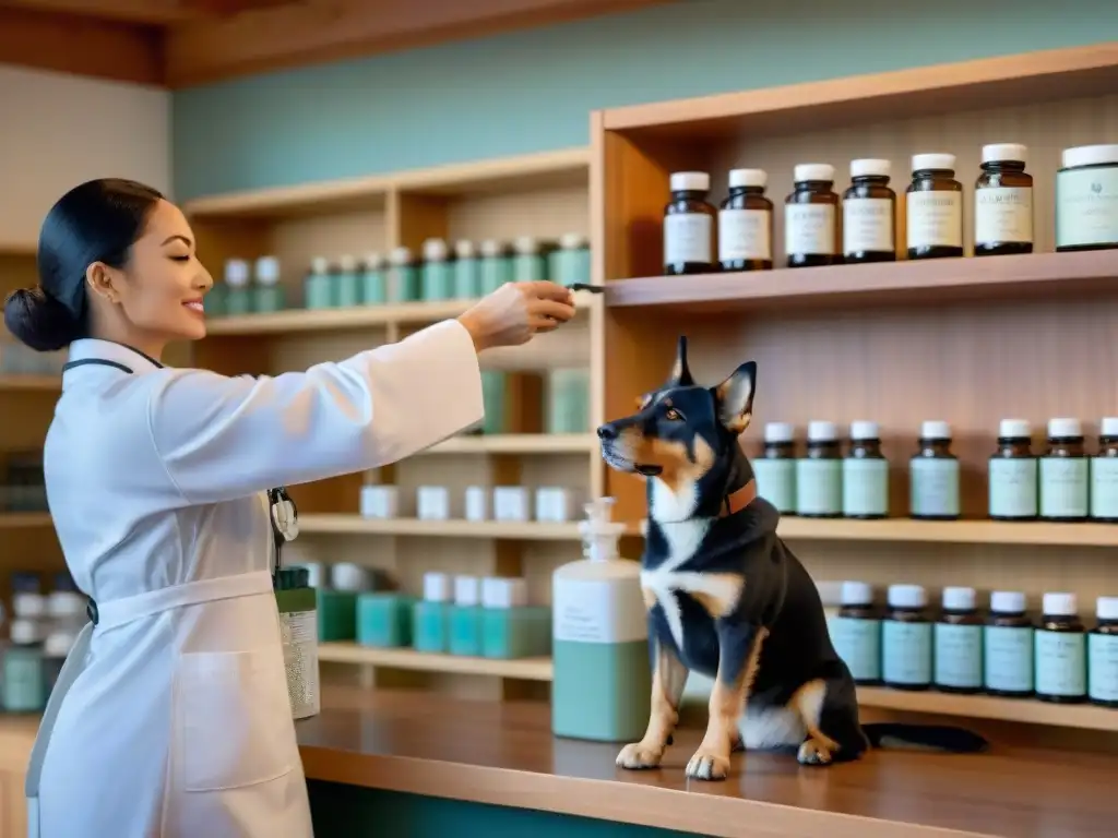 Un veterinario administra homeopatía a un perro confiado en clínica soleada y acogedora